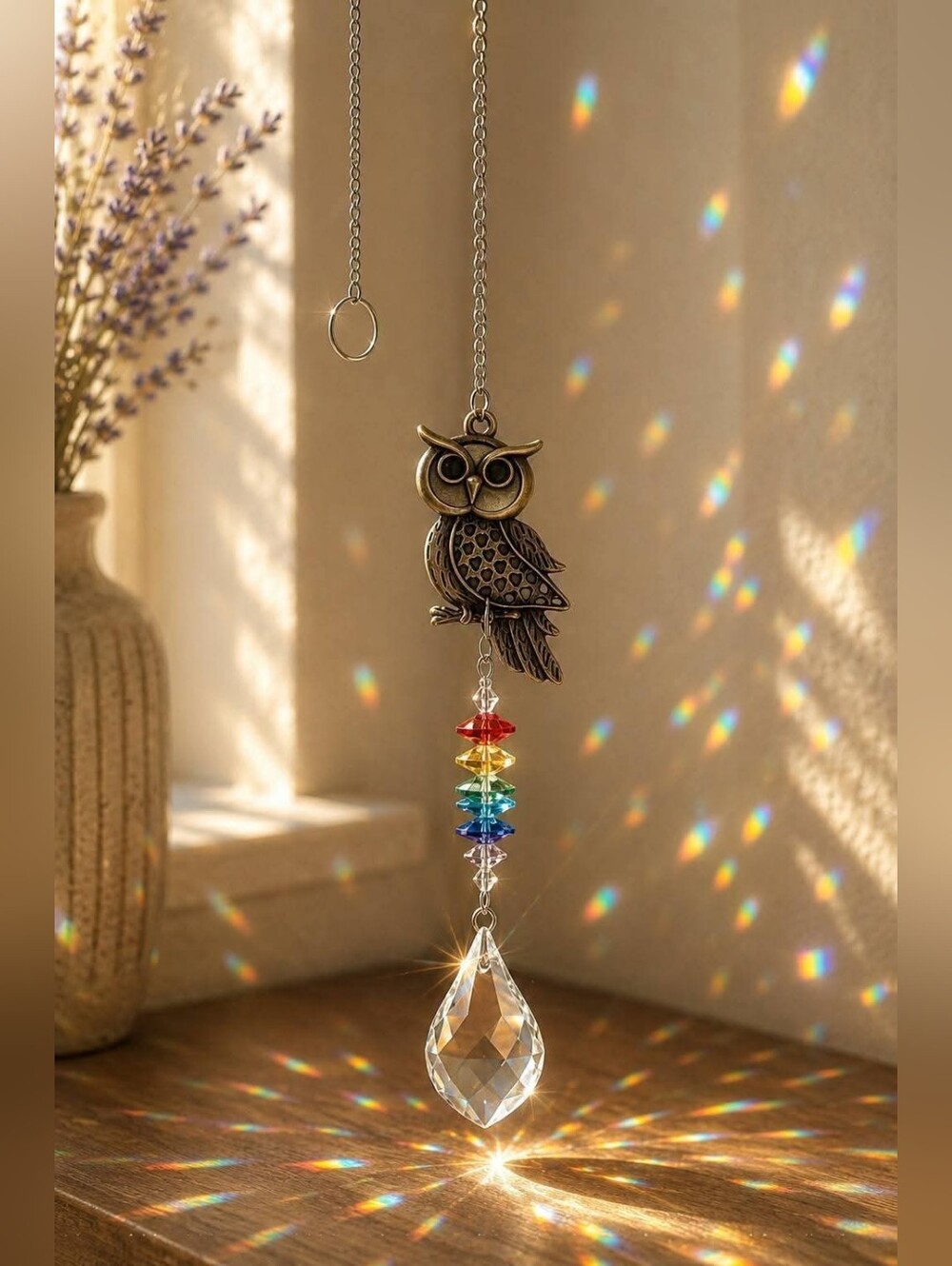 🦉 Crystal Owl Suncatcher | Rainbow Prism